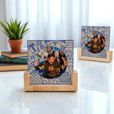 Personalized Birthday Frame - Photo Keepsake for Him displayed on a white table, ideal for desks or shelves with festive blue birthday doodles.